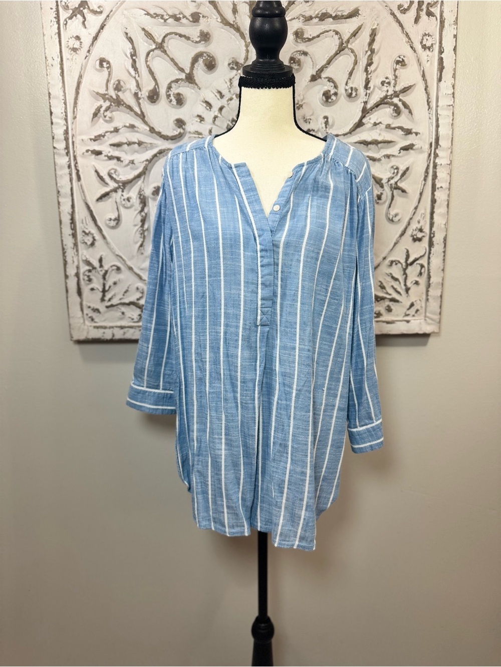 Nine West Jeans XL Blue White Stripe Tunic Blouse Split Neck 3/4 Sleeve Coastal